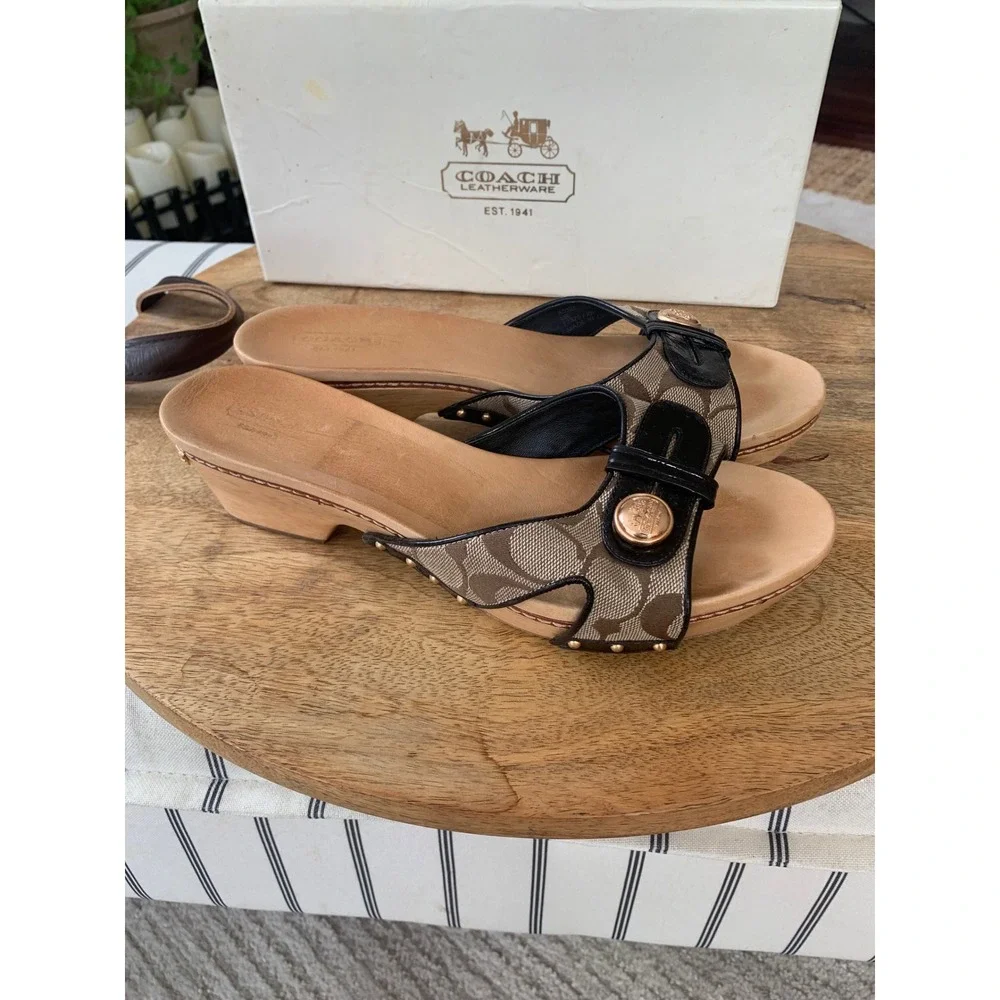 Vintage Coach Lee Sandal Signature Logo Cavas Wood Heel Patent Leather Women 8.5 - Picture 4 of 16